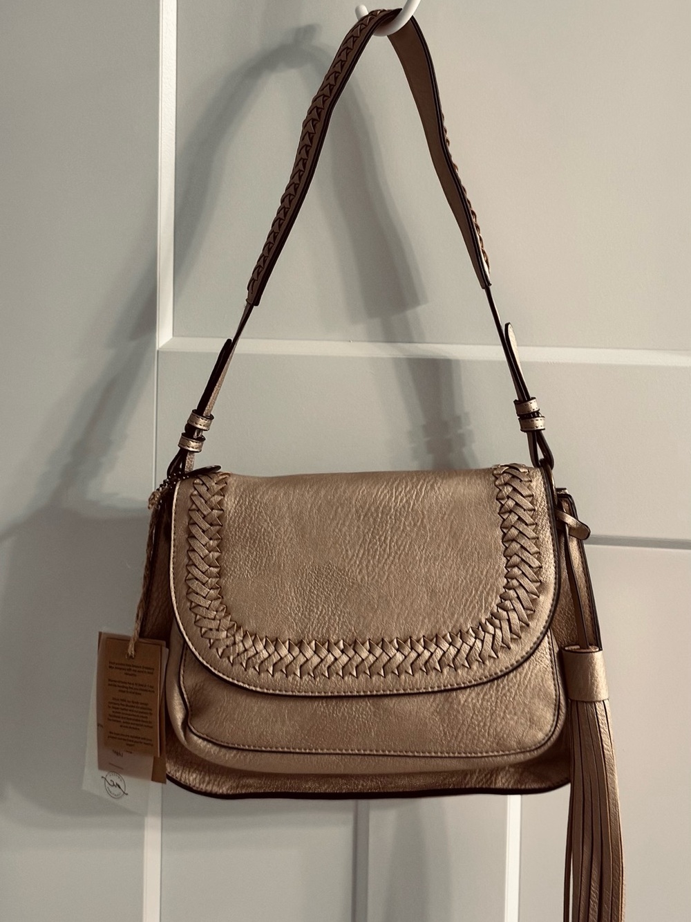 Braided Flap Shoulder Bag in Metallic Taupe
